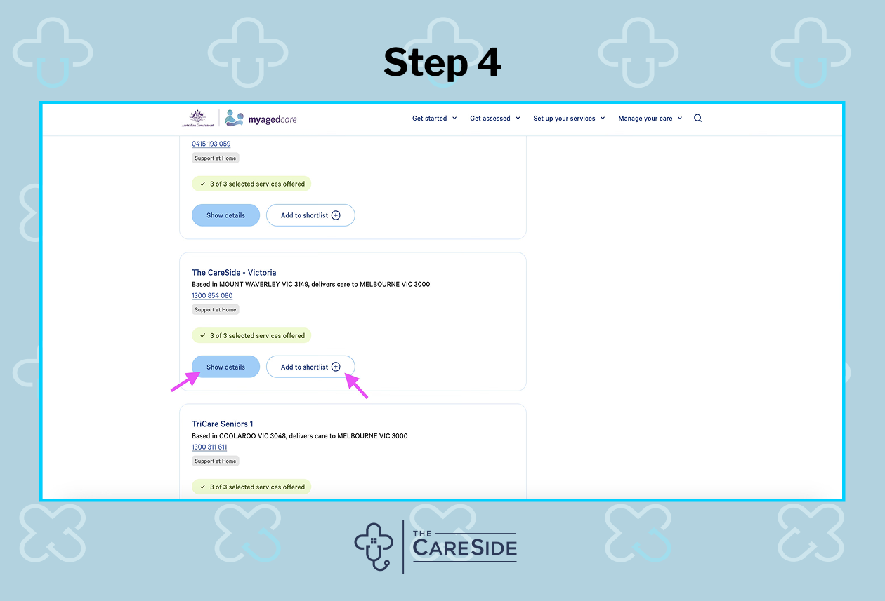 An image of how to find a home care provider on My Aged Care.
