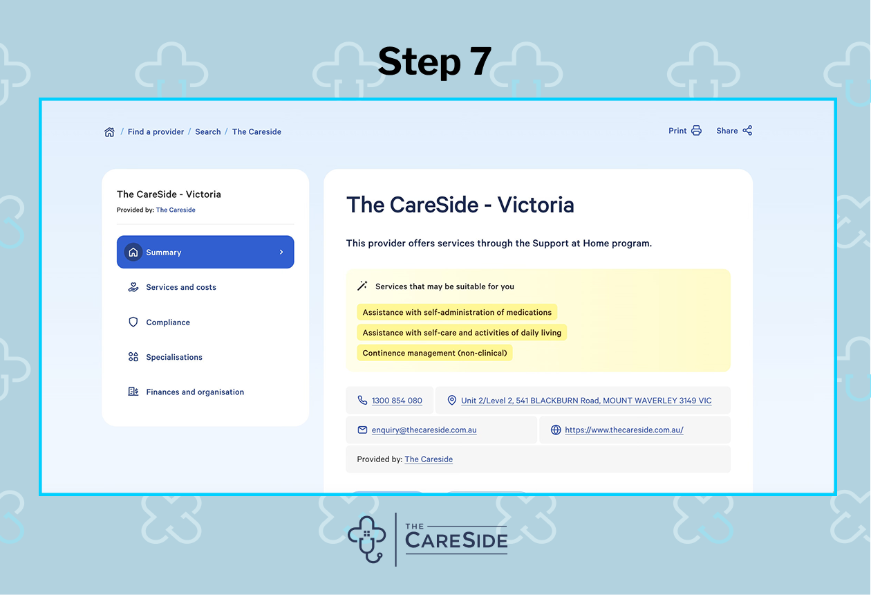 An image of how to find a home care provider on My Aged Care.