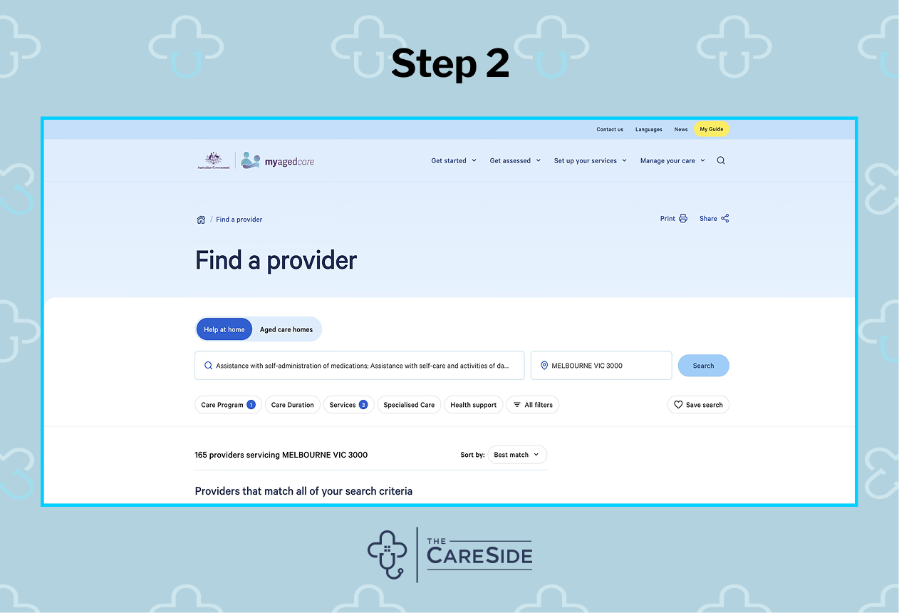An image of how to find a home care provider on My Aged Care.