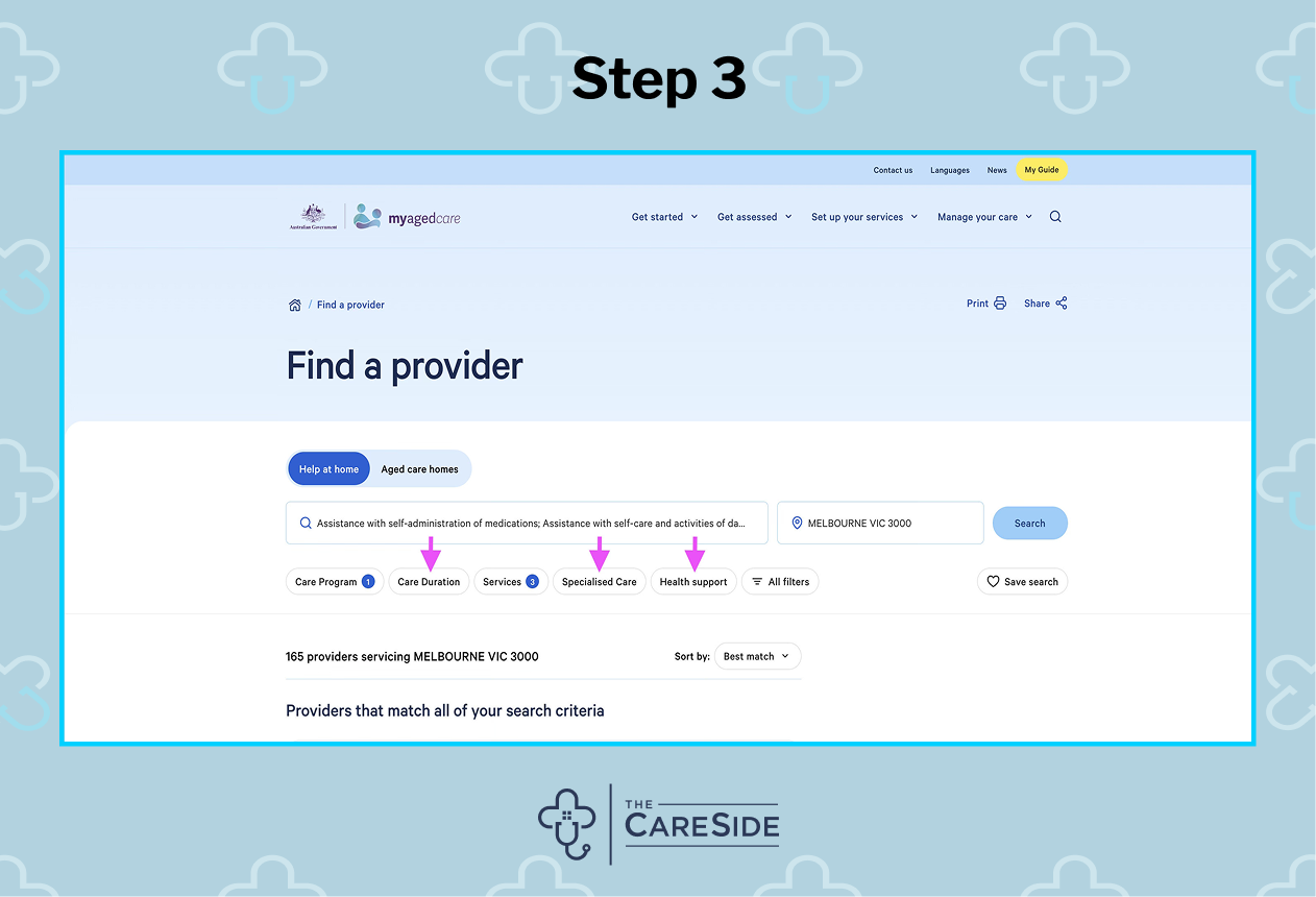 An image of how to find a home care provider on My Aged Care.