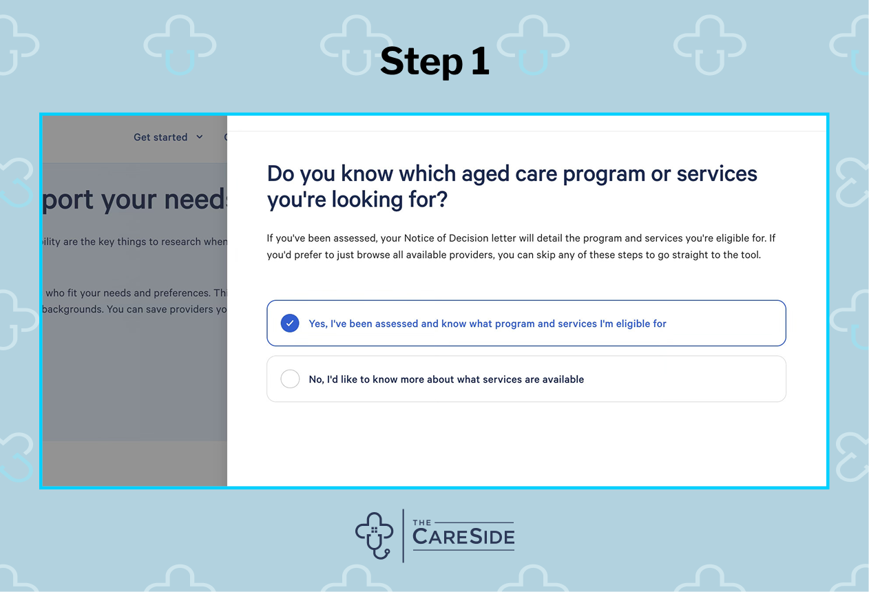 An image of how to find a home care provider on My Aged Care.