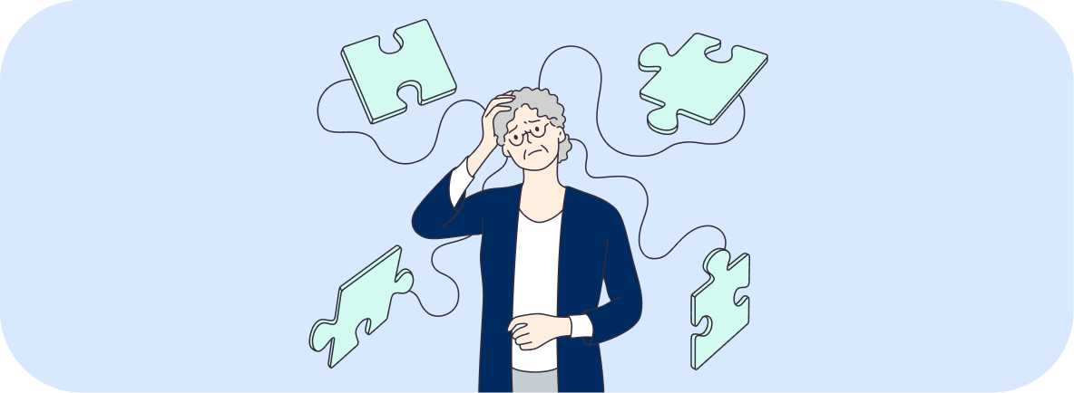 An illustration of an older person with puzzle pieces floating around her. Confusion is a symptom of sundowning in dementia.