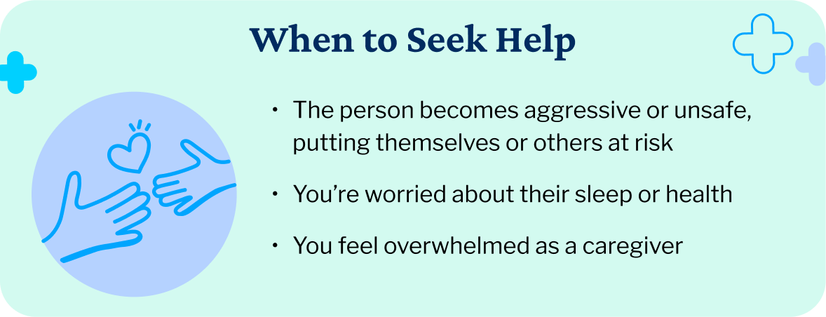 A text graphic explains when to seek help for sundowning in dementia.