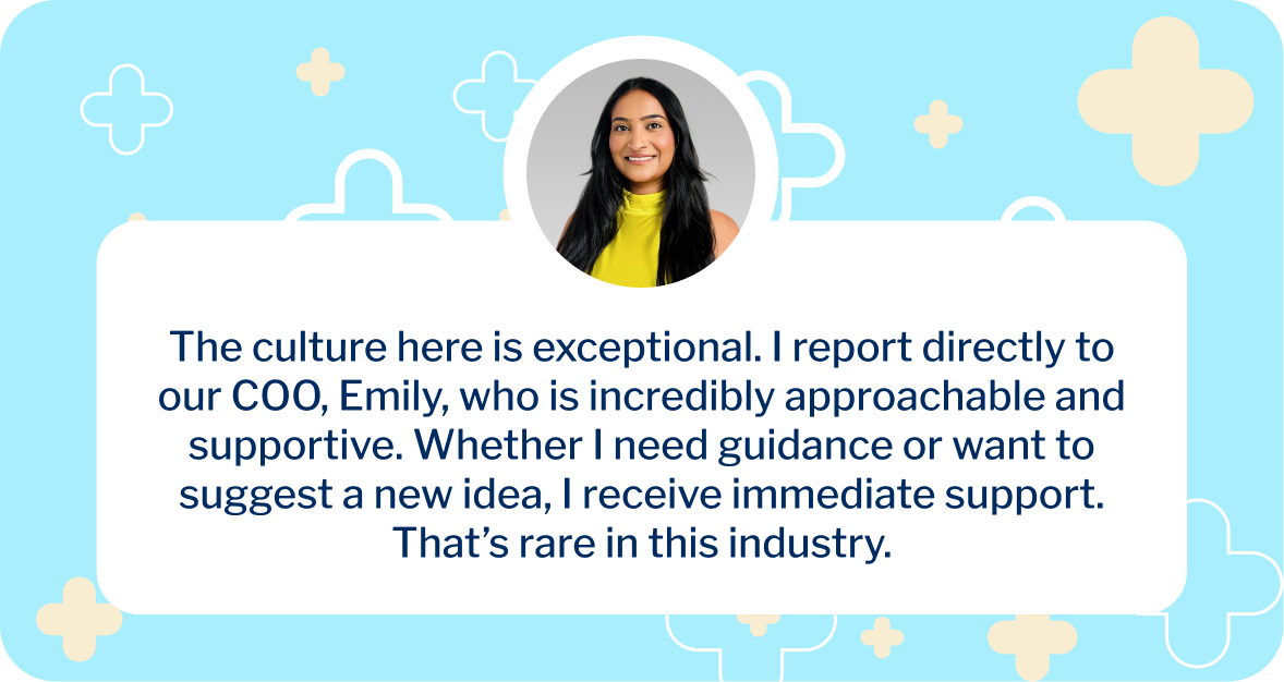 A Regional Manager at The CareSide smiles for a photo with text below that addresses company culture.
