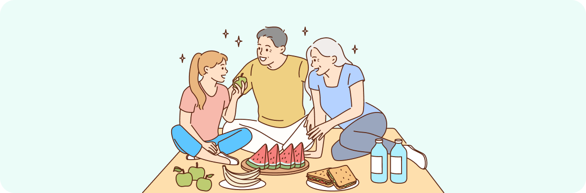 A sketch of people enjoying a picnic. Riverside gatherings at Matilda Bay Reserve are among the best activities for seniors in Perth.