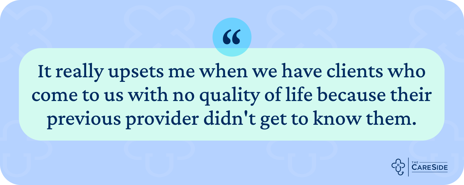 A text graphic explains how Janina gets frustrated with other home care providers because they don't do a good job of getting to know home care clients and their unique needs.