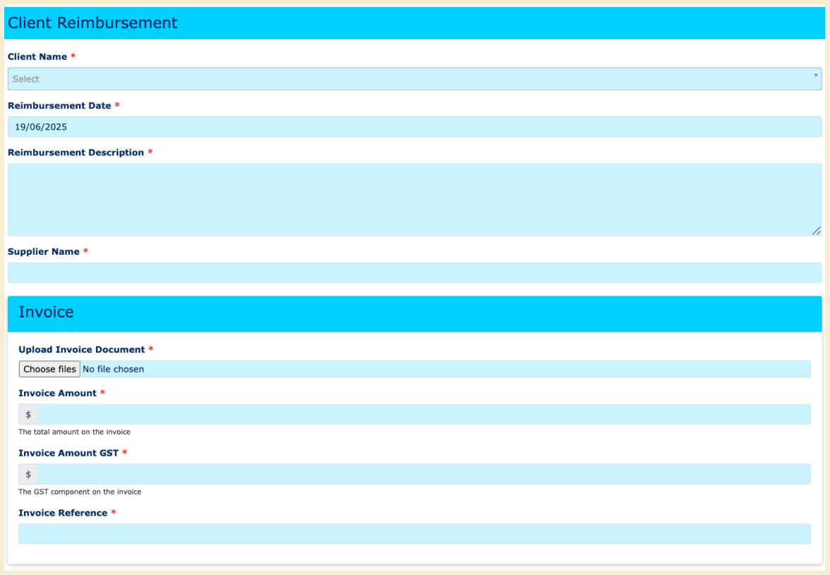 An image of The CareSide's client portal showing how to create a reimbursement request for home care services.
