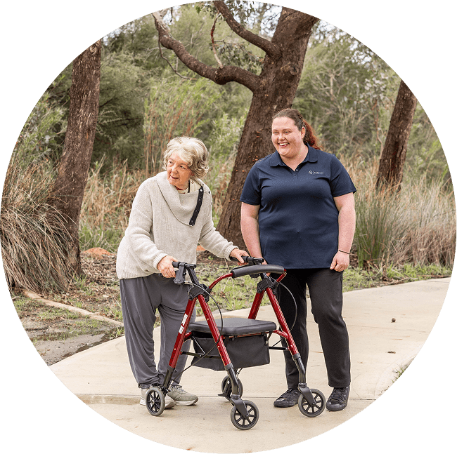 A photo of a home care recipient enjoying a walk outside in the Australian Capital Territory, where The CareSide offers the best value home care in Canberra.