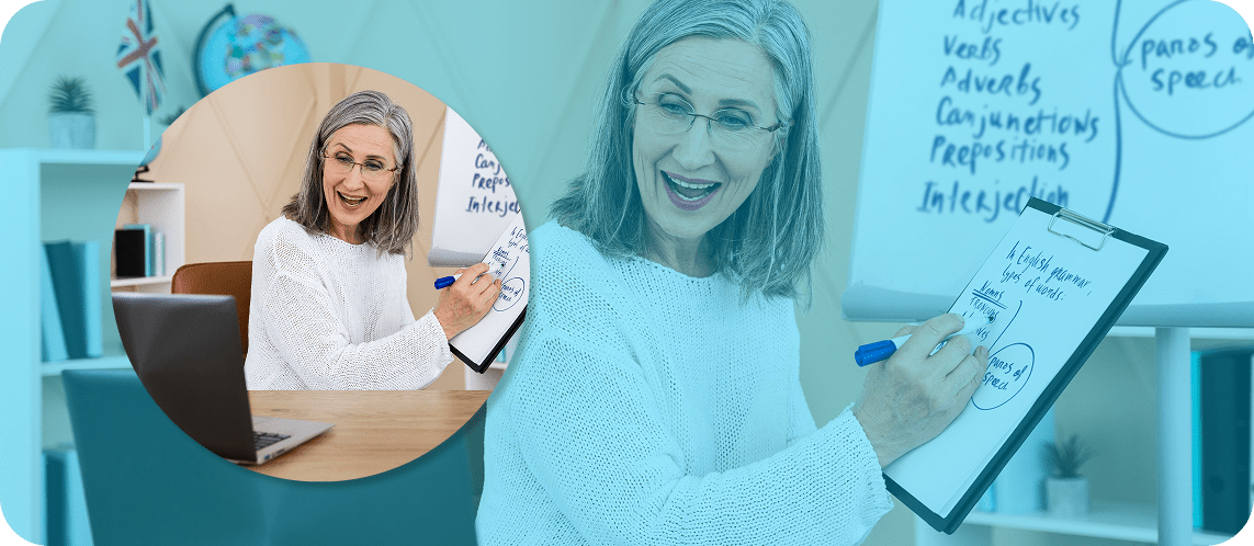 Sharing your wisdom is a key part of ageing joyfully. In this photo, an older woman smiling and writing things down on a clipboard.