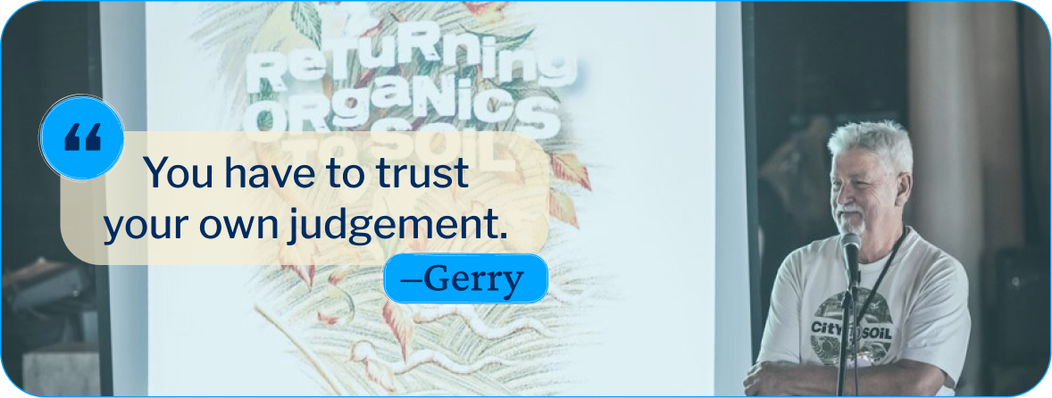 Gerry's Story: This photo shows Gerry speaking at a sustainability event with the quote: "You have to trust your own judgement."