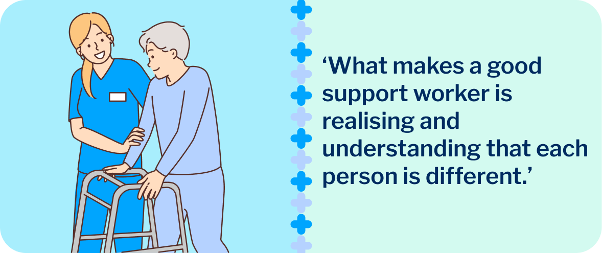 A sketch of a caregiver helping an older person with a quote from Charlie, a support worker at The CareSide.