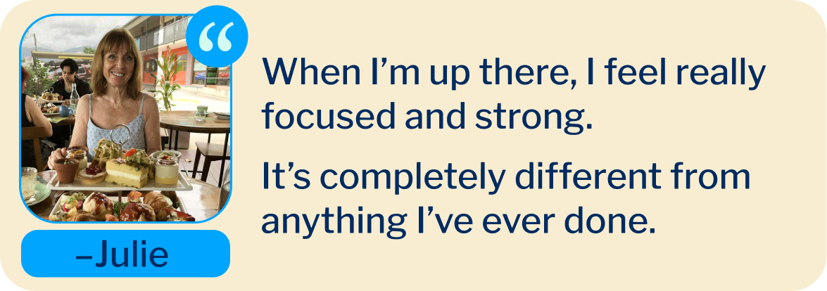 A text graphic with a quote from Julie's story about being a Super Senior.