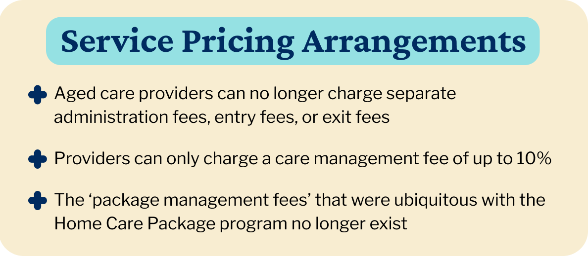 Support at Home pricing is different from Home Care Packages because fees have changed, as indicated in this text graphic.