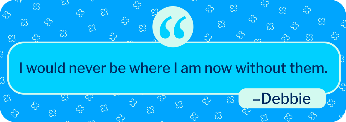 A graphic with a quote from care recipient Debbie about the respectful home care she receives from The CareSide.