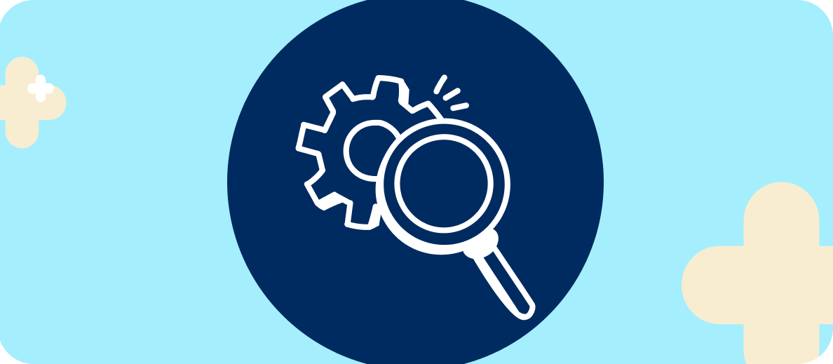 A sketch of a magnifying glass and a mechanical gear.