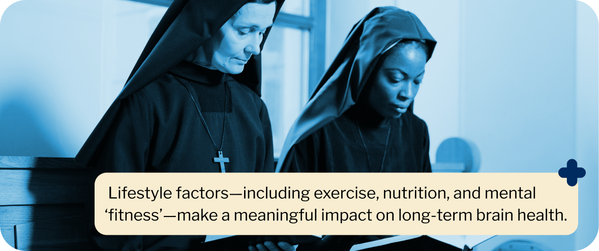 A photo of two nuns with text about how lifestyle factors impact brain health. The Nun Study proved exercise, nutrition, and continual learning can help protect the brain from Alzheimer's Disease and other neurodegenerative conditions.