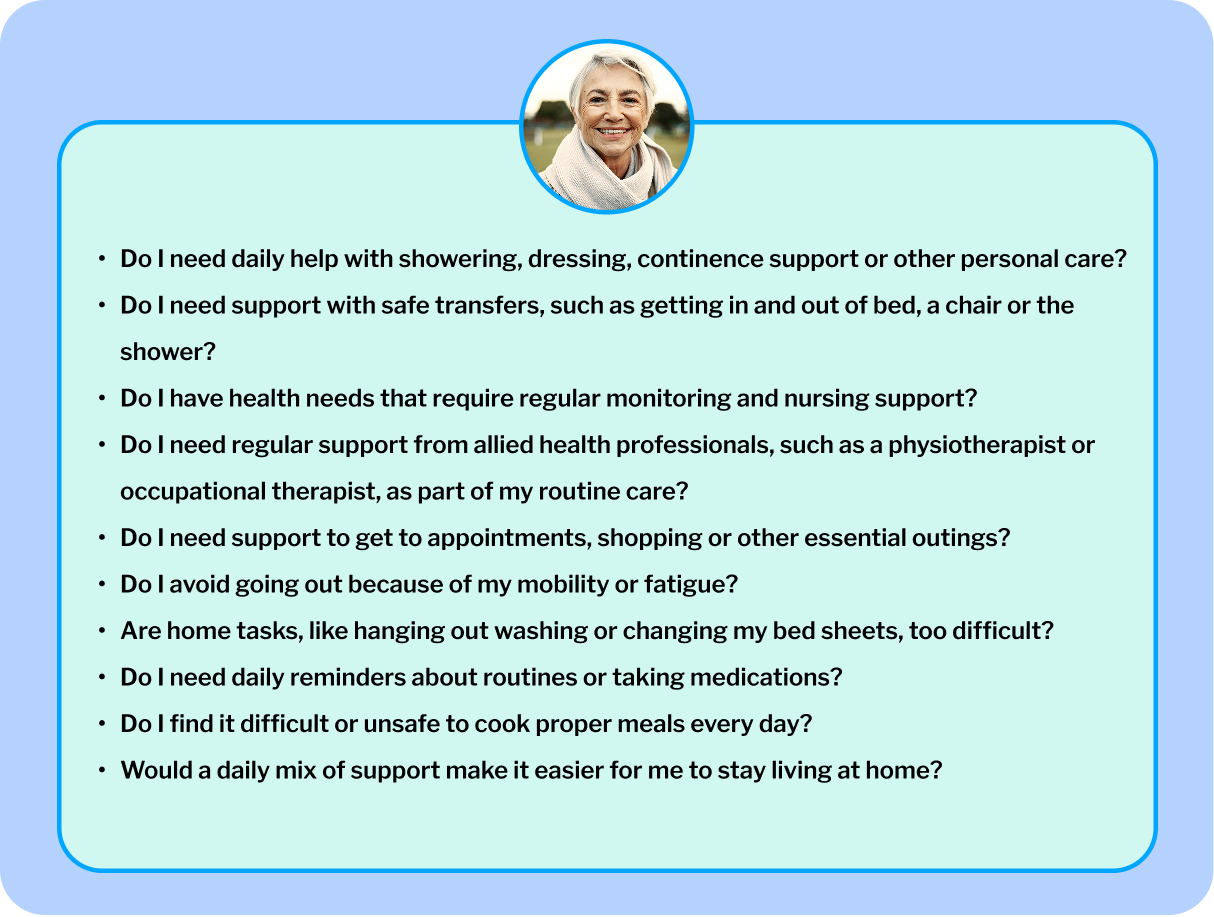 A text graphic with a list of questions Support at Home participants should consider if they think they are eligible for Support at Home Classification 5.
