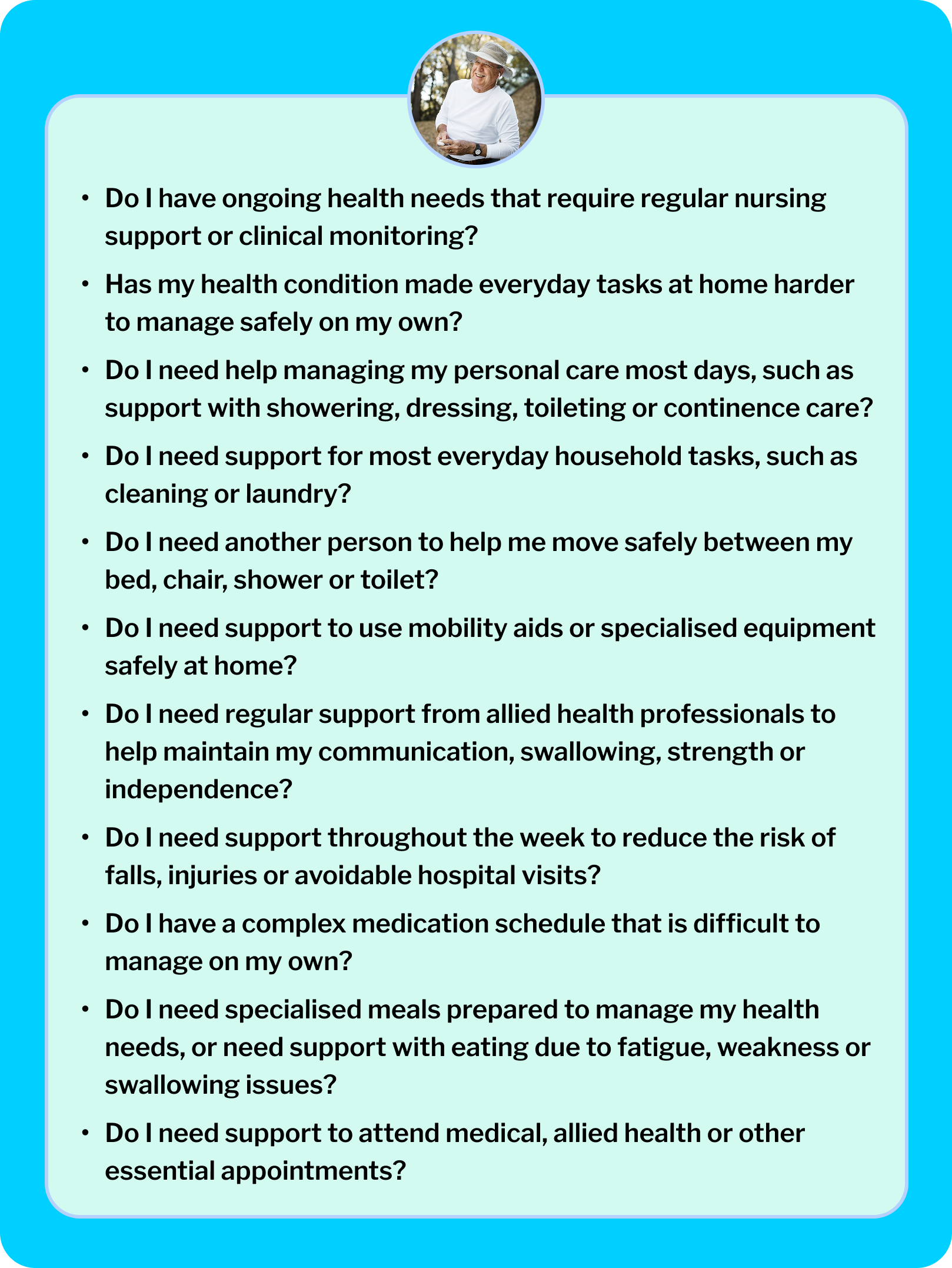Text graphic with questions Support at Home participants can ask themselves to find out if Support at Home classification 6 is the right level for their home care needs.