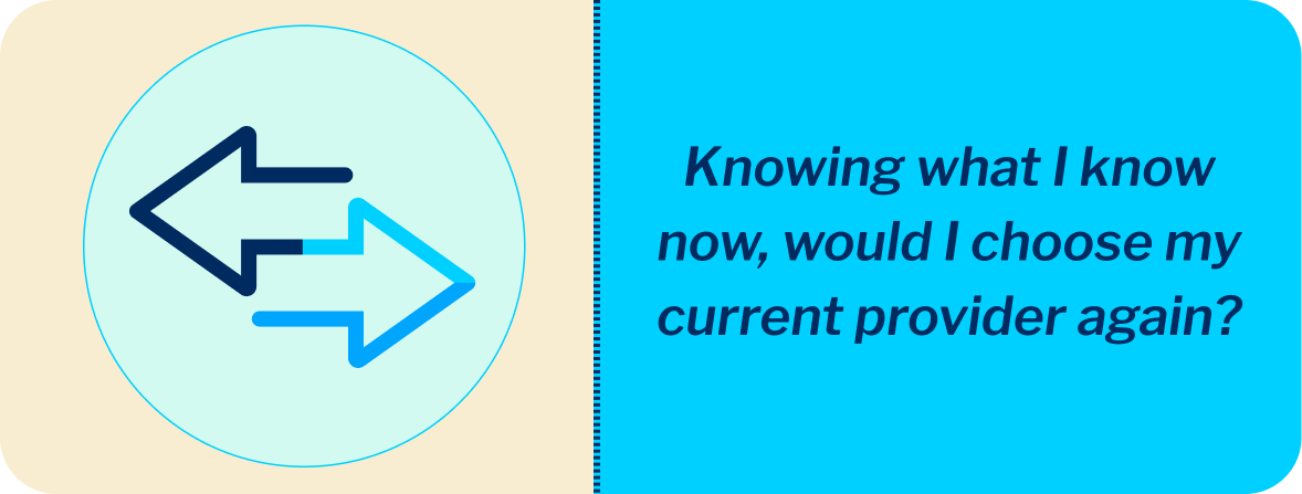A sketch of arrows with the text: Knowing what I know now, would I choose my current provider again?