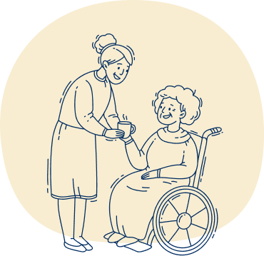 Sketch depicts support worker providing live-in care services to a woman in a wheelchair under Support at Home Classification 7.