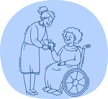 Sketch depicts support worker providing live-in care services to a woman in a wheelchair under Support at Home Classification 8.