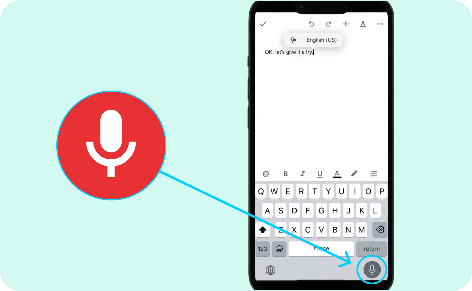 The talk-to-text feature on smartphones is a practical tip in this AI Guide for Seniors, illustrated here with the microphone button magnified for emphasis.