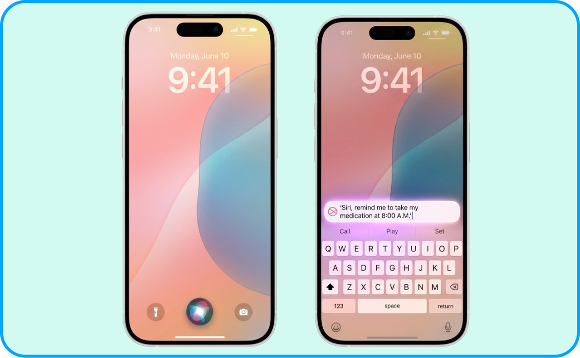 An image of a smartphone with the voice assistant activated. AI assistants such as Siri on iPhone can help seniors manage medication schedules.